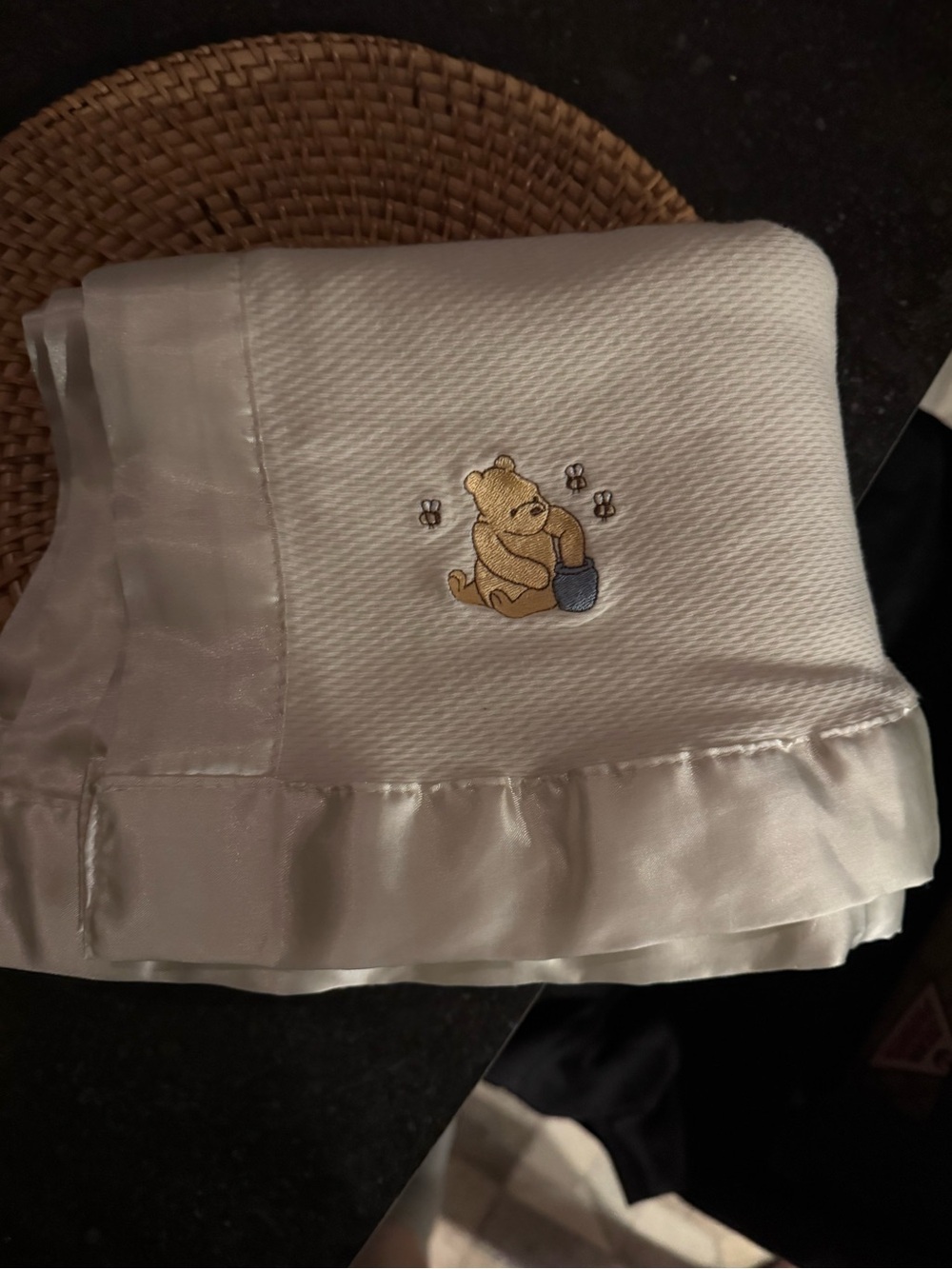 Disney Classic Pooh Satin Edge Embroidered Baby Blanket - Ivory